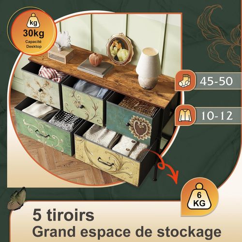 Commode Vintage, Structure En Métal, Plateau En Mdf - 100 X 55.2 X 30 Cm - Avec 5 Tiroirs