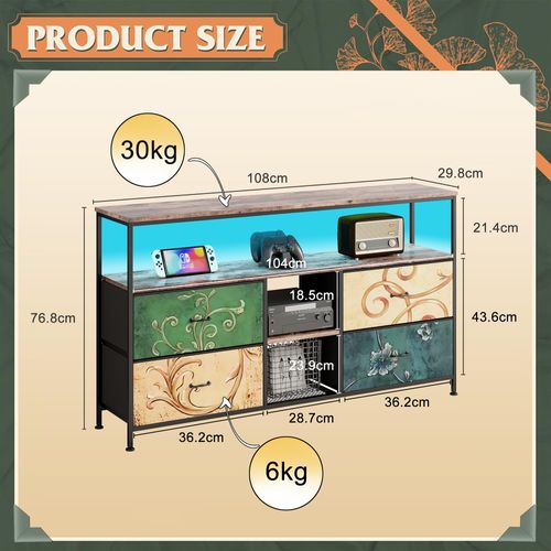 Meuble TV Avec LED, 4 Tiroirs En Tissu Avec 2 Compartiments Ouverts, 108 X 29,8 X 76,8 Cm