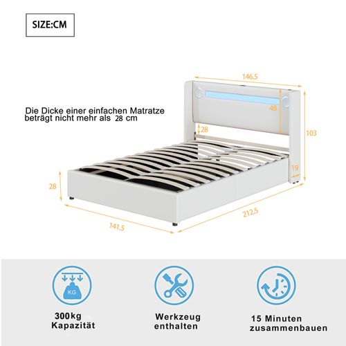 Lit Rembourré 140x200 Cm Avec Bande Lumineuse LED, Lecteur Bluetooth Et Chargement USB,blanc