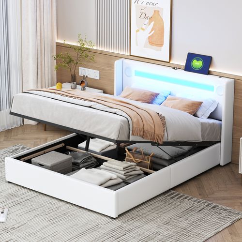 Lit Rembourré 140x200 Cm Avec Bande Lumineuse LED, Lecteur Bluetooth Et Chargement USB,blanc