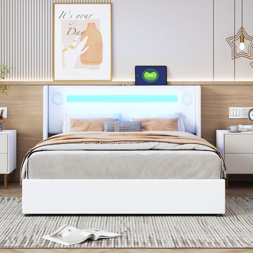 Lit Rembourré 140x200 Cm Avec Bande Lumineuse LED, Lecteur Bluetooth Et Chargement USB,blanc