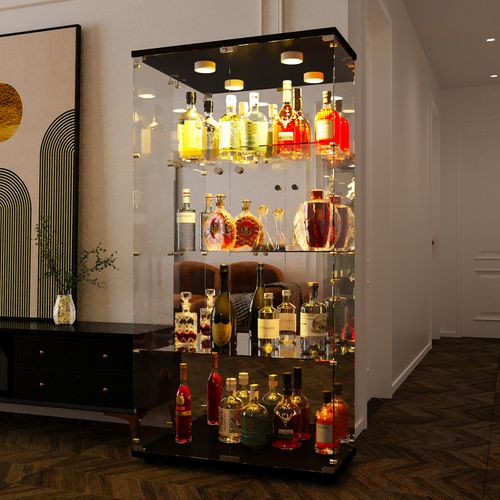 Vitrine En Verre Avec Miroir Et Éclairage LED,2 Portes,4 Étagères,convient Pour Bureau, Salon,noir