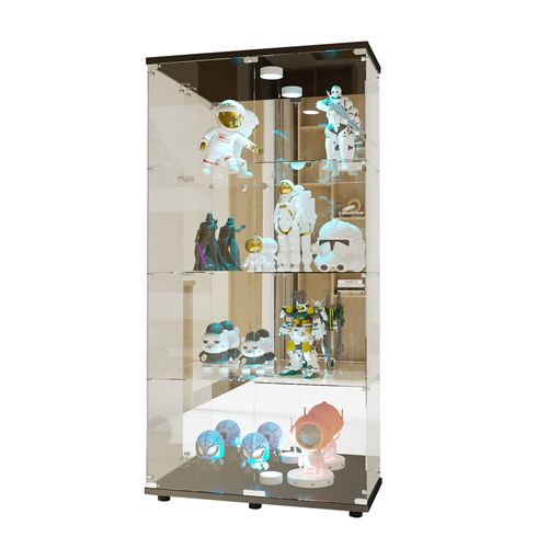 Vitrine En Verre Avec Miroir Et Éclairage LED,2 Portes,4 Étagères,convient Pour Bureau, Salon,noir
