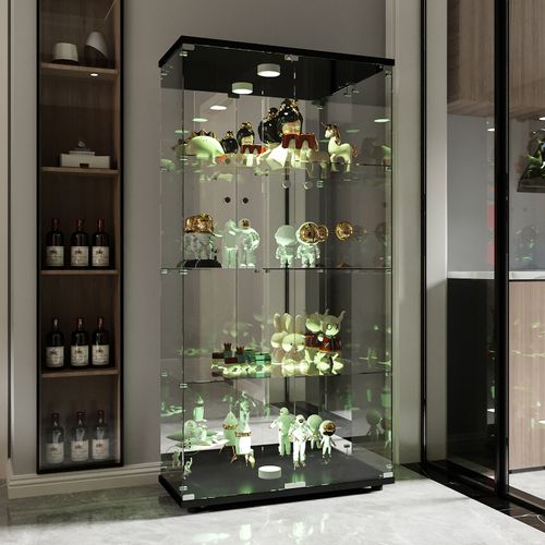 Vitrine En Verre Avec Miroir Et Éclairage LED,2 Portes,4 Étagères,convient Pour Bureau, Salon,noir