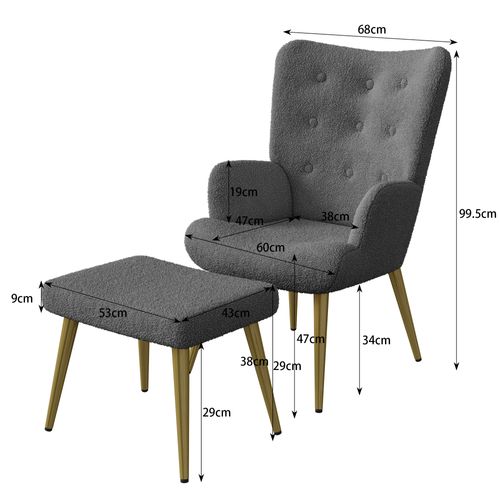 Fauteuil Avec Tabouret, Fauteuil Confortable Avec Accoudoirs Rembourrés Et Pieds En Métal,gris Foncé