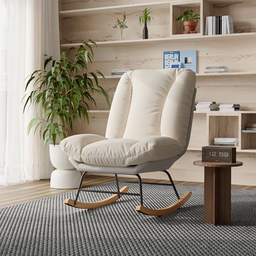 Fauteuil à Bascule Avec Dossier Réglable, Fauteuil D'allaitement Rembourré, Adapté Au Salon, Beige