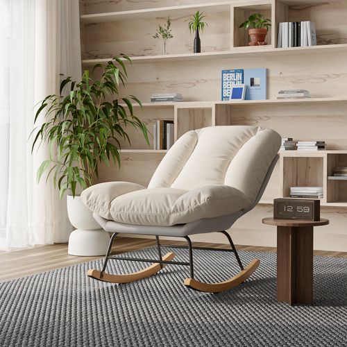 Fauteuil à Bascule Avec Dossier Réglable, Fauteuil D'allaitement Rembourré, Adapté Au Salon, Beige