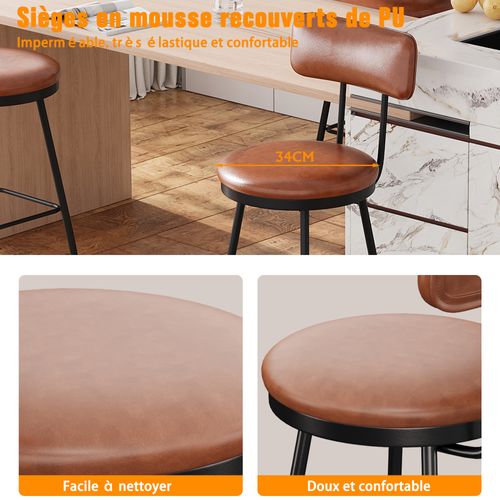 Lot De 4 Tabourets De Bar Avec Dossier Et Assise Rembourrée, En Cuir Pu, Hauteur 65 Cm, Brun