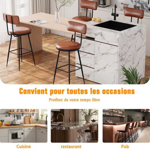 Lot De 4 Tabourets De Bar Avec Dossier Et Assise Rembourrée, En Cuir Pu, Hauteur 65 Cm, Brun