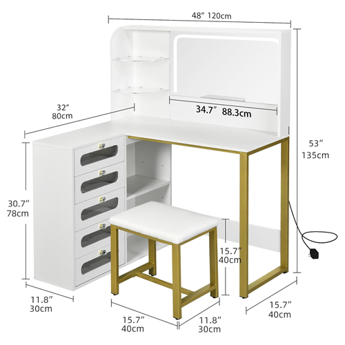 Coiffeuse Avec Miroir LED, Chaise Rembourrée, 5 Tiroirs, 2 Compartiments Ouverts Réglables, 120 Cm