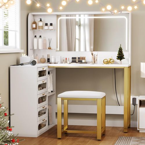 Coiffeuse Avec Miroir LED, Chaise Rembourrée, 5 Tiroirs, 2 Compartiments Ouverts Réglables, 120 Cm