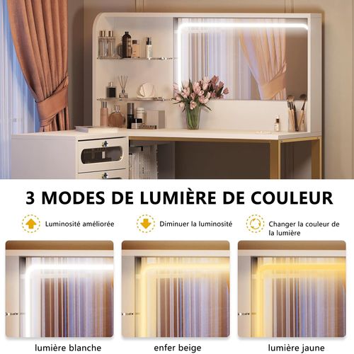 Coiffeuse Avec Miroir LED, Chaise Rembourrée, 5 Tiroirs, 2 Compartiments Ouverts Réglables, 120 Cm