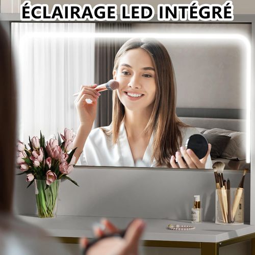 Coiffeuse Avec Miroir LED, Chaise Rembourrée, 5 Tiroirs, 2 Compartiments Ouverts Réglables, 120 Cm