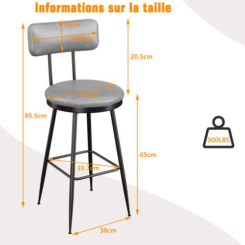 Ensemble De 2 Tabourets De Bar Avec Dossier Et Repose-pieds, Revêtement Pu, Hauteur 65 Cm, Gris