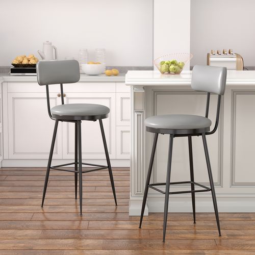 Ensemble De 2 Tabourets De Bar Avec Dossier Et Repose-pieds, Revêtement Pu, Hauteur 65 Cm, Gris