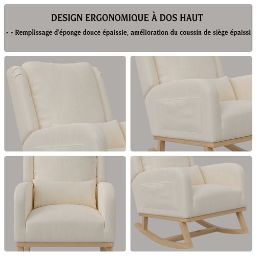 Fauteuil à Bascule Ergonomique En Lin Beige Avec Coussin Lombaire, Idéal Pour Le Salon