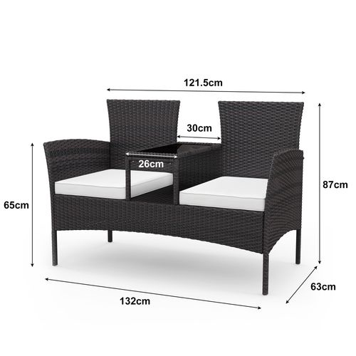 Chaise Double En Rotin Avec Table En Verre Trempé, Coussins Et Assise, Mobilier De Jardin,noir