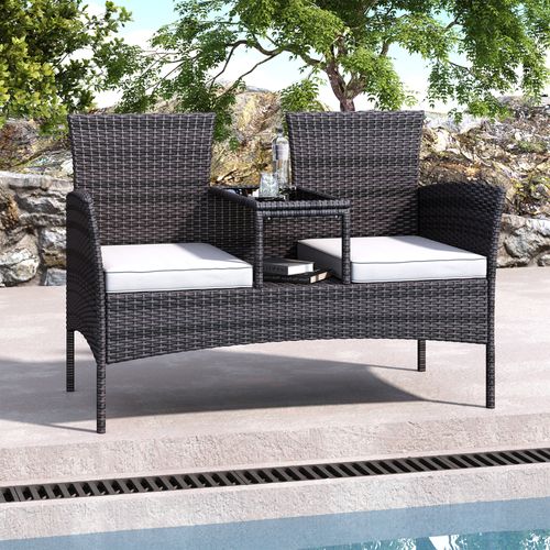Chaise Double En Rotin Avec Table En Verre Trempé, Coussins Et Assise, Mobilier De Jardin,noir