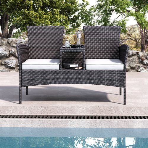 Chaise Double En Rotin Avec Table En Verre Trempé, Coussins Et Assise, Mobilier De Jardin,noir