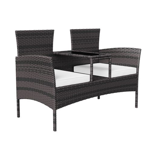 Chaise Double En Rotin Avec Table En Verre Trempé, Coussins Et Assise, Mobilier De Jardin,noir
