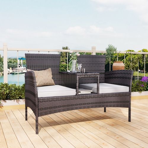 Chaise Double En Rotin Avec Table En Verre Trempé, Coussins Et Assise, Mobilier De Jardin,noir
