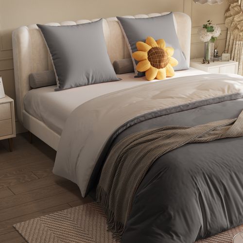 Parure De Lit 4 Pièces 140x200 Cm-housse De Couette,drap Housse,2 Taies D'oreiller-gris Foncé+gris