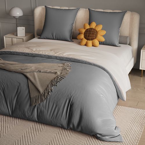 Parure De Lit 4 Pièces 140x200 Cm-housse De Couette,drap Housse,2 Taies D'oreiller-gris Foncé+gris