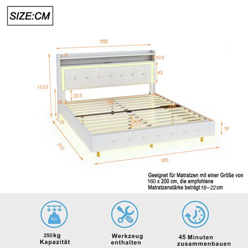 Lit Double Rembourré 160x200cm, Avec Port USB Et Lumière LED, Design Pieds De Lit Cachés, Lin,beige