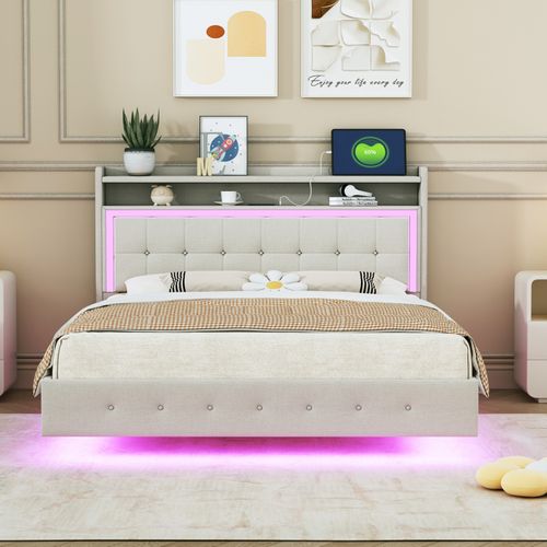 Lit Double Rembourré 160x200cm, Avec Port USB Et Lumière LED, Design Pieds De Lit Cachés, Lin,beige