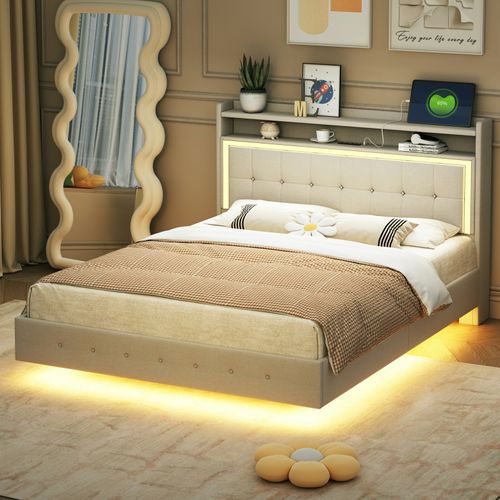 Lit Double Rembourré 160x200cm, Avec Port USB Et Lumière LED, Design Pieds De Lit Cachés, Lin,beige