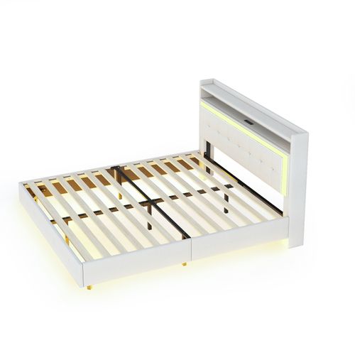 Lit Double Rembourré 160x200cm, Avec Port USB Et Lumière LED, Design Pieds De Lit Cachés, Lin,beige