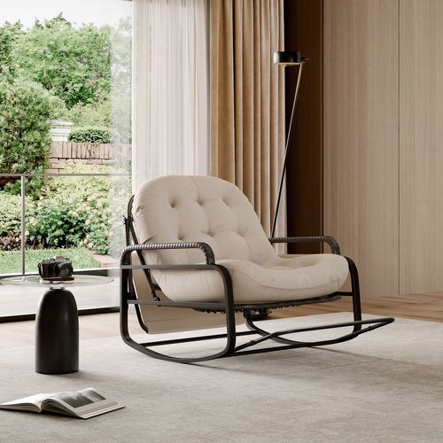 Fauteuil Bascule En Rotin Avec Coussins Et Structure En Métal,idéal Pour Le Jardin Et Le Salon,beige