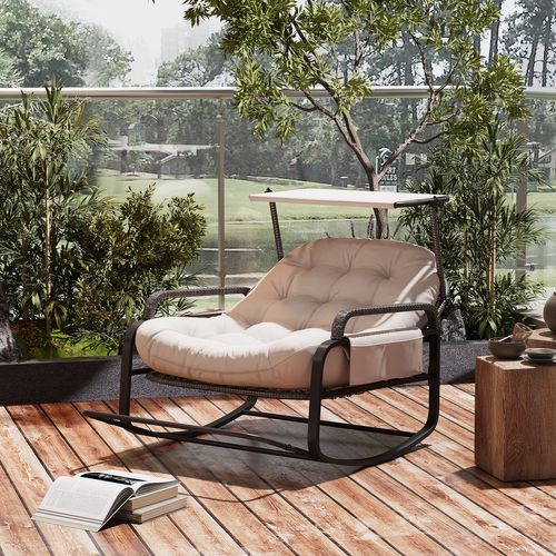 Fauteuil Bascule En Rotin Avec Coussins Et Structure En Métal,idéal Pour Le Jardin Et Le Salon,beige