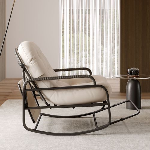 Fauteuil Bascule En Rotin Avec Coussins Et Structure En Métal,idéal Pour Le Jardin Et Le Salon,beige
