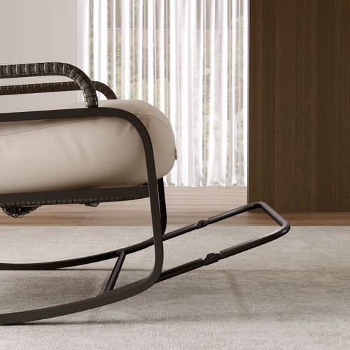 Fauteuil Bascule En Rotin Avec Coussins Et Structure En Métal,idéal Pour Le Jardin Et Le Salon,beige