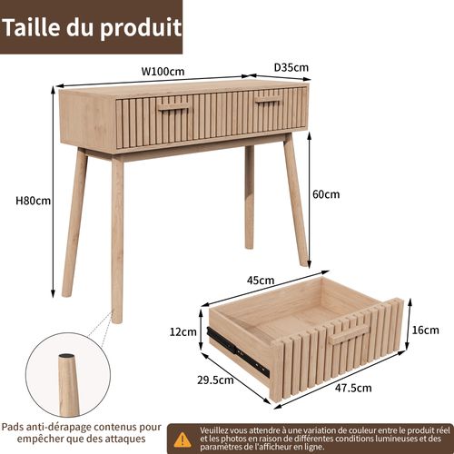 Console En Rotin 100x35x80 Cm,avec 2 Grands Tiroirs,table D'entrée En Bois Avec Espace De Rangement