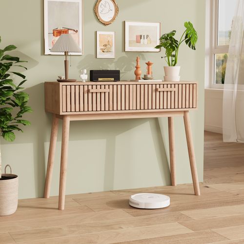 Console En Rotin 100x35x80 Cm,avec 2 Grands Tiroirs,table D'entrée En Bois Avec Espace De Rangement