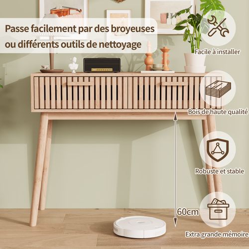 Console En Rotin 100x35x80 Cm,avec 2 Grands Tiroirs,table D'entrée En Bois Avec Espace De Rangement