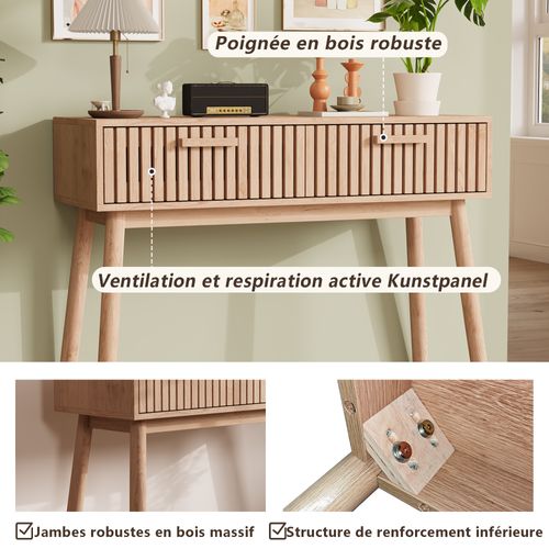 Console En Rotin 100x35x80 Cm,avec 2 Grands Tiroirs,table D'entrée En Bois Avec Espace De Rangement