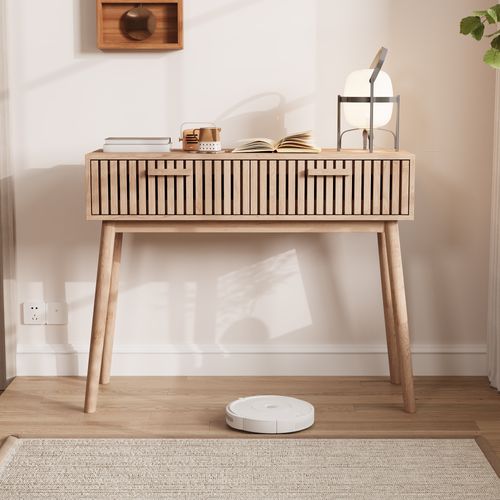 Console En Rotin 100x35x80 Cm,avec 2 Grands Tiroirs,table D'entrée En Bois Avec Espace De Rangement