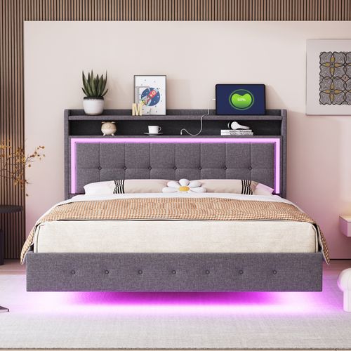 Lit Double Rembourré 160x200cm, Avec Port USB Et Lumière LED, Design Pieds De Lit Cachés, Lin, Gris