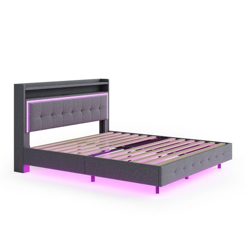 Lit Double Rembourré 160x200cm, Avec Port USB Et Lumière LED, Design Pieds De Lit Cachés, Lin, Gris