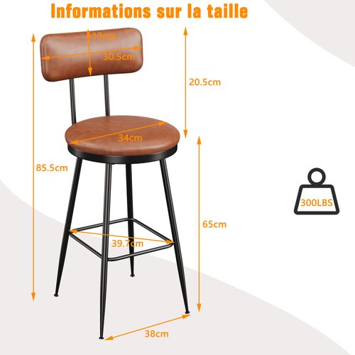 Ensemble De 2 Tabourets De Bar Avec Dossier Et Repose-pieds, Revêtement Pu, Hauteur 65 Cm, Brun