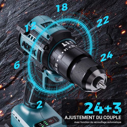 Perceuse Sans Fil 21 V, 2 Batteries 2,0 Ah, Couple 40 Nm, 24 + 3 Réglages De Couple, 55 Accessoires
