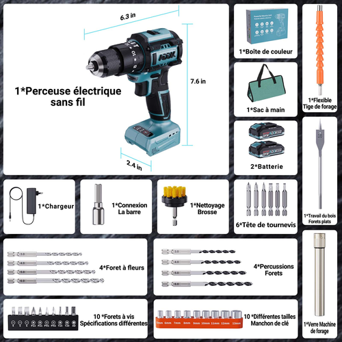 Perceuse Sans Fil 21 V, 2 Batteries 2,0 Ah, Couple 40 Nm, 24 + 3 Réglages De Couple, 55 Accessoires