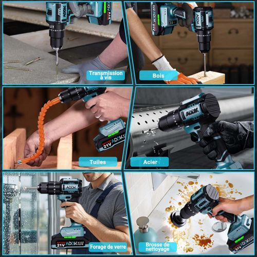 Perceuse Sans Fil 21 V, 2 Batteries 2,0 Ah, Couple 40 Nm, 24 + 3 Réglages De Couple, 55 Accessoires