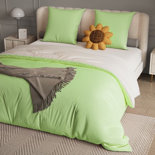 Parure De Lit 4 Pièces 140x200 Cm-housse De Couette,drap Housse,2 Taies D'oreiller-vert + Blanc