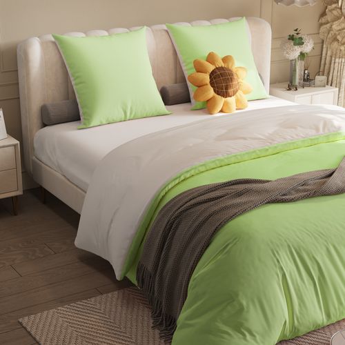 Parure De Lit 4 Pièces 140x200 Cm-housse De Couette,drap Housse,2 Taies D'oreiller-vert + Blanc