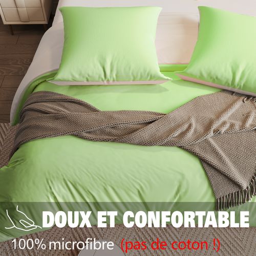 Parure De Lit 4 Pièces 140x200 Cm-housse De Couette,drap Housse,2 Taies D'oreiller-vert + Blanc