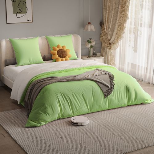 Parure De Lit 4 Pièces 140x200 Cm-housse De Couette,drap Housse,2 Taies D'oreiller-vert + Blanc